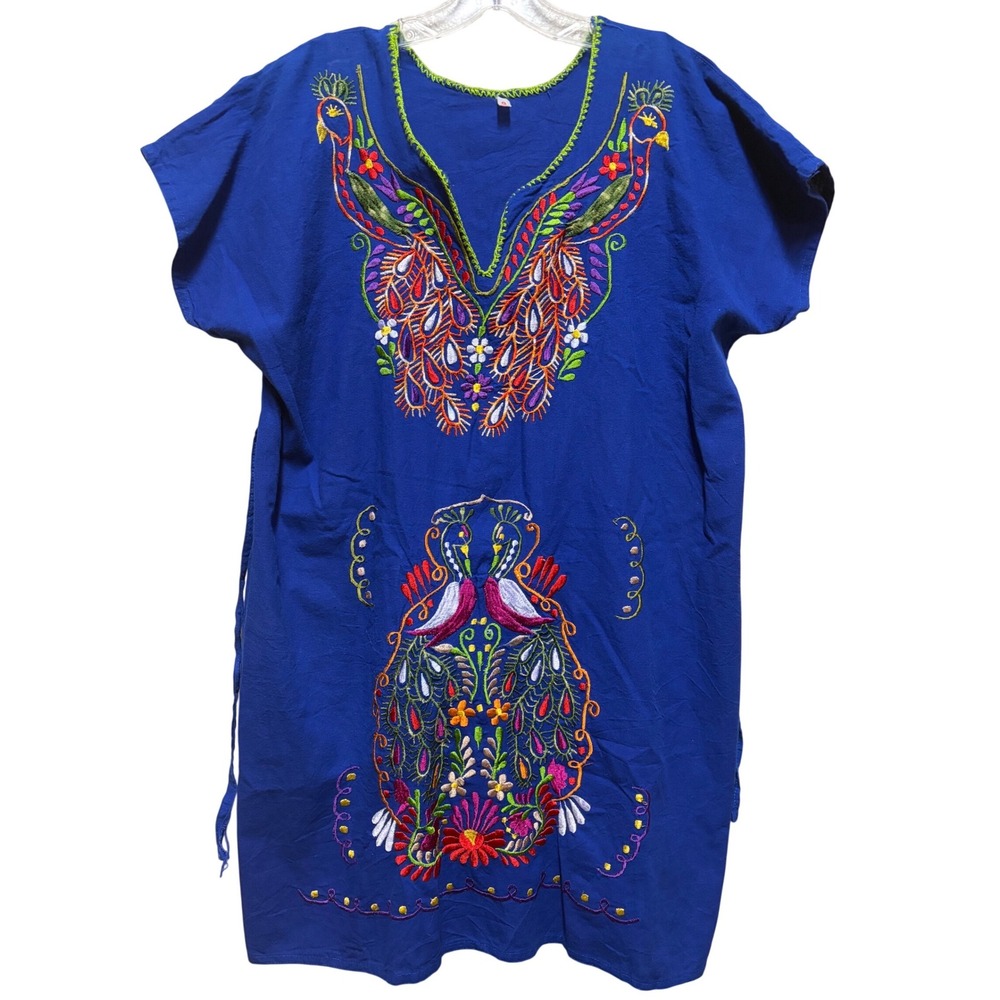Mexican Peacock Embroidered Tunic Dress Blue Boho Ethnic Floral Short Sleeve G